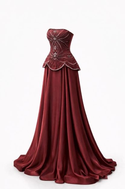 Robe de soirée bordeaux bustier en satin brodé