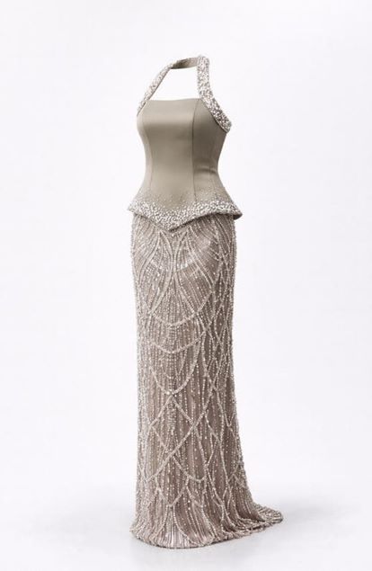 Stone Halter Neck Pearl Detail Evening Dress