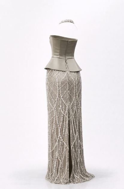 Stone Halter Neck Pearl Detail Evening Dress