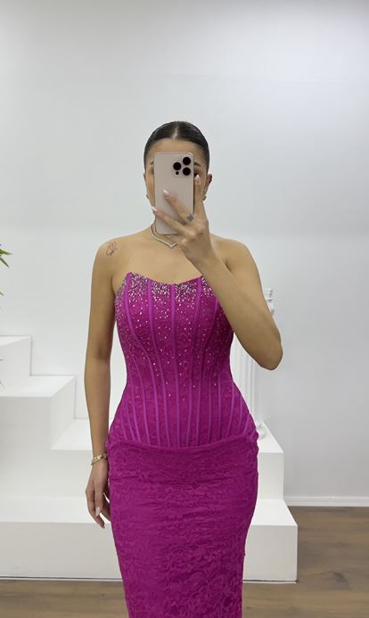 Fuşya Straplez Taş Detay Dantel Abiye Elbise