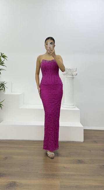 Fuşya Straplez Taş Detay Dantel Abiye Elbise