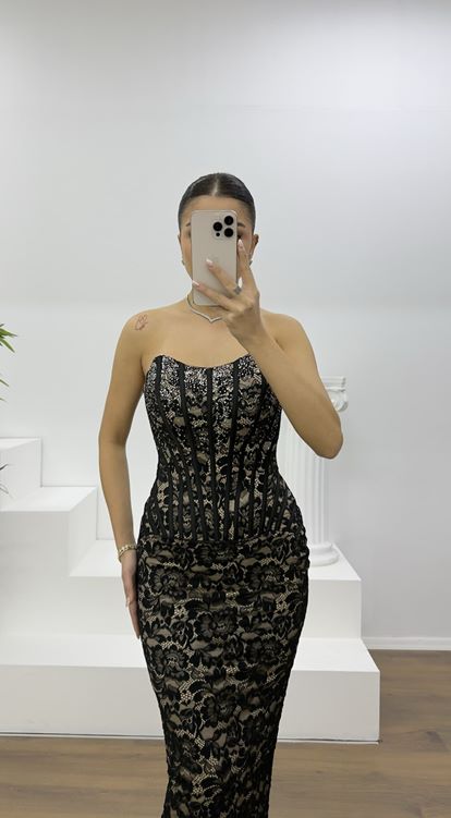 Siyah Straplez Taş Detay Dantel Abiye Elbise