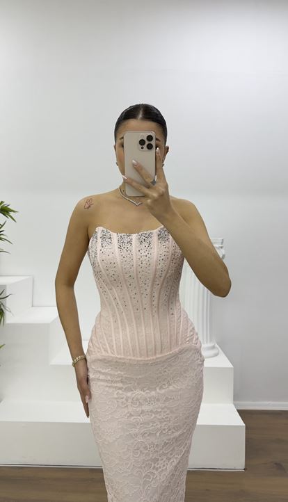 Pudra Straplez Taş Detay Dantel Abiye Elbise