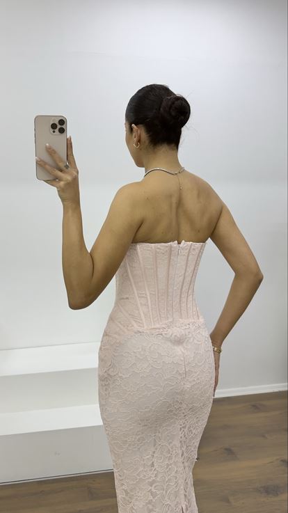 Pudra Straplez Taş Detay Dantel Abiye Elbise