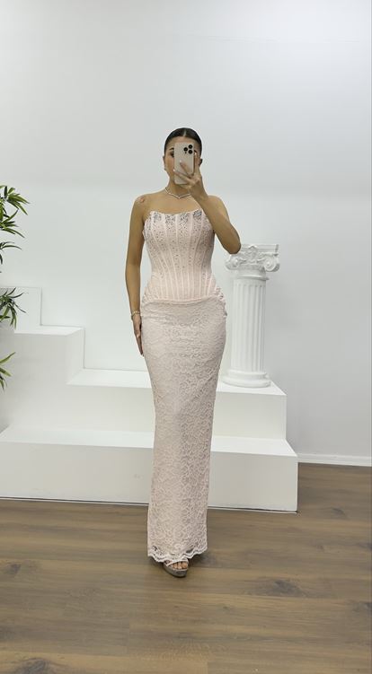 Pudra Straplez Taş Detay Dantel Abiye Elbise