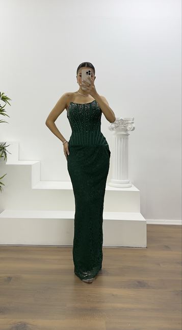 Zümrüt Straplez Taş Detay Dantel Abiye Elbise