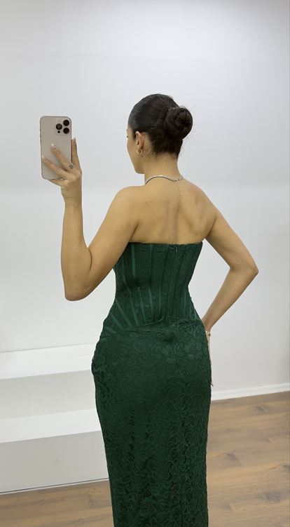 Zümrüt Straplez Taş Detay Dantel Abiye Elbise