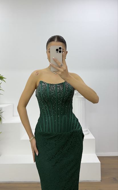 Zümrüt Straplez Taş Detay Dantel Abiye Elbise