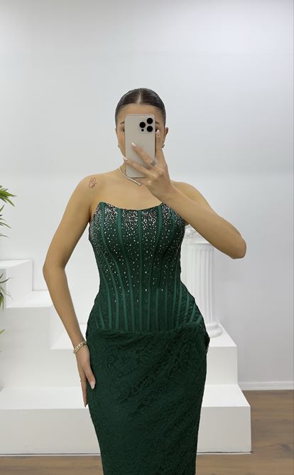Zümrüt Straplez Taş Detay Dantel Abiye Elbise
