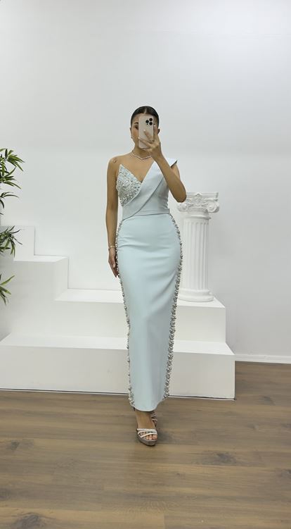 Buz Mavi Kruvaze Yaka Taş İşlemeli Abiye Elbise