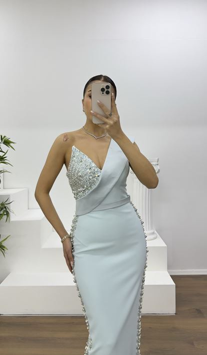 Buz Mavi Kruvaze Yaka Taş İşlemeli Abiye Elbise