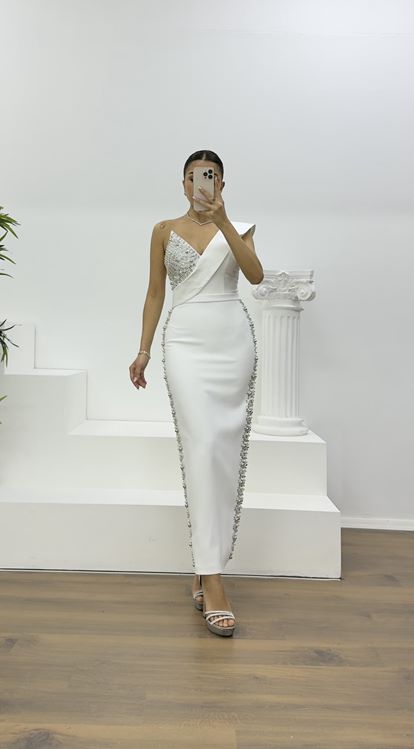 Kemik Kruvaze Yaka Taş İşlemeli Abiye Elbise