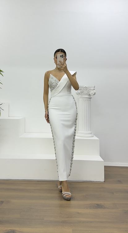 Kemik Kruvaze Yaka Taş İşlemeli Abiye Elbise