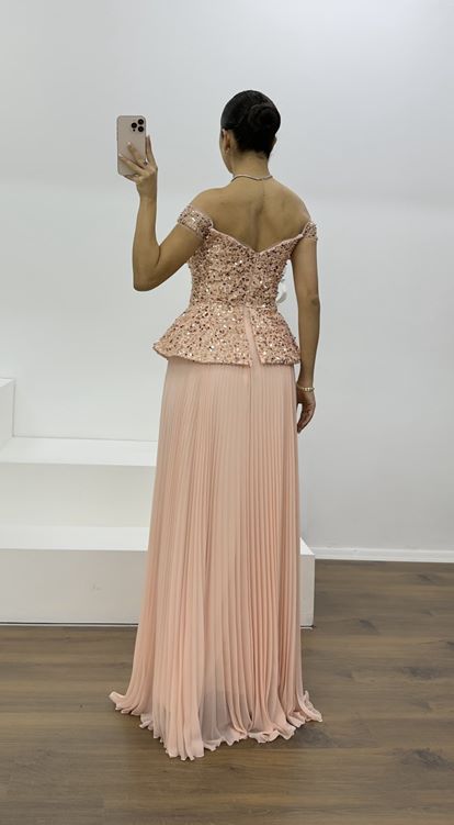 Pudra Pul Payet Kayık Yaka Piliseli Abiye Elbise