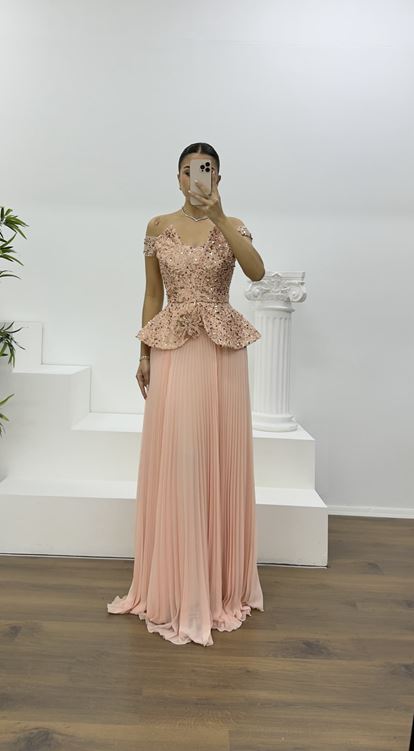 Pudra Pul Payet Kayık Yaka Piliseli Abiye Elbise