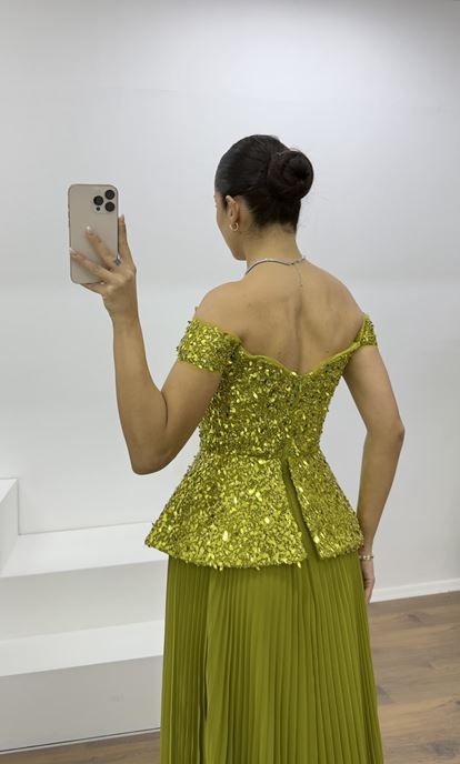 Haki Pul Payet Kayık Yaka Piliseli Abiye Elbise