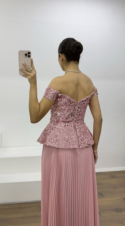 Gül Kurusu Pul Payet Kayık Yaka Piliseli Abiye Elbise