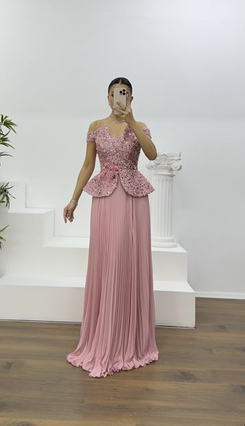 Gül Kurusu Pul Payet Kayık Yaka Piliseli Abiye Elbise