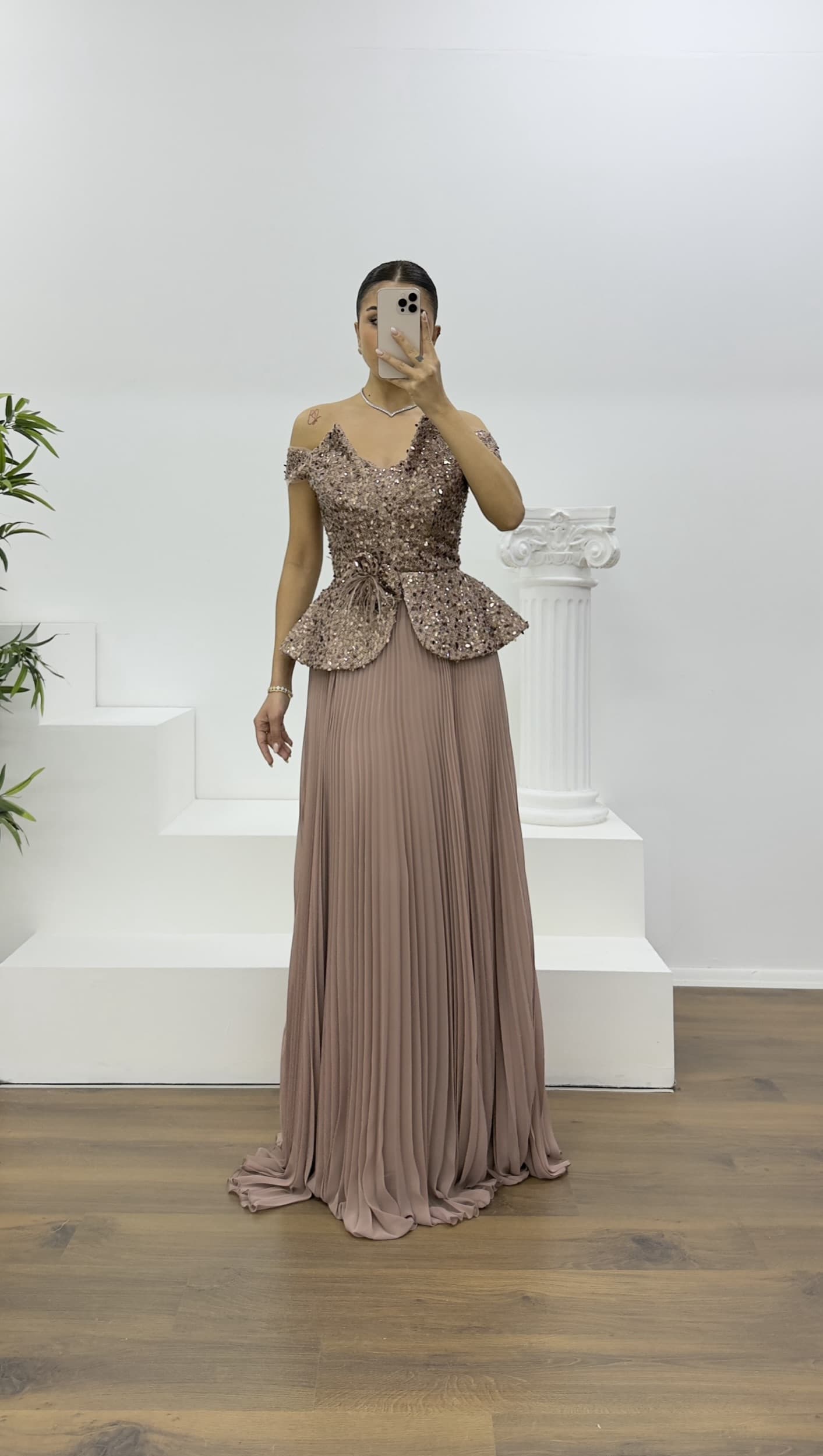 Cappuccino Pul Payet Kayık Yaka Piliseli Abiye Elbise