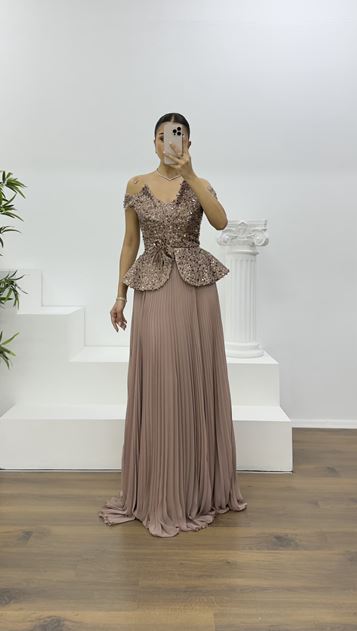 Cappuccino Pul Payet Kayık Yaka Piliseli Abiye Elbise