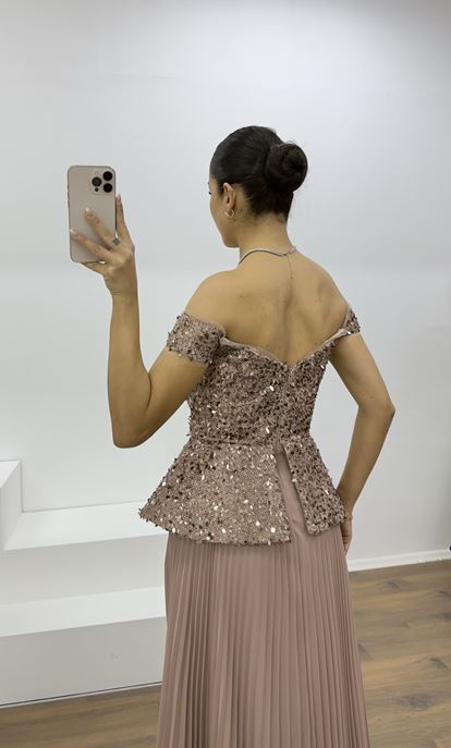 Cappuccino Pul Payet Kayık Yaka Piliseli Abiye Elbise