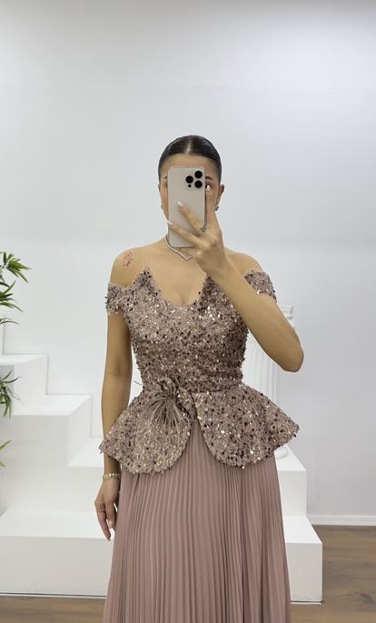 Cappuccino Pul Payet Kayık Yaka Piliseli Abiye Elbise