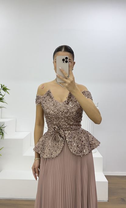 Cappuccino Pul Payet Kayık Yaka Piliseli Abiye Elbise