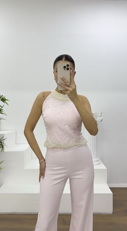 Pudra İnci Detaylı Halter Yaka Abiye Takım