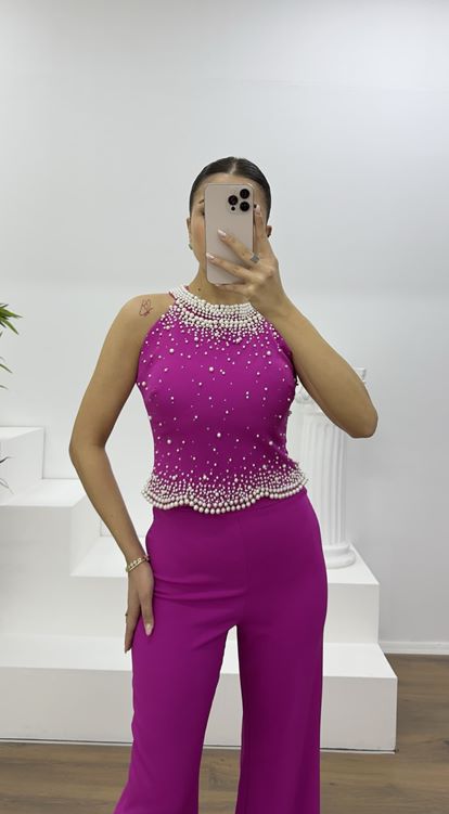 Fuşya İnci Detaylı Halter Yaka Abiye Takım