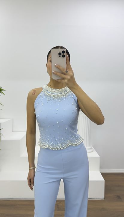 Bebe Mavi İnci Detaylı Halter Yaka Abiye Takım