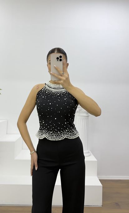 Siyah İnci Detaylı Halter Yaka Abiye Takım