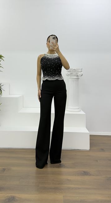 Siyah İnci Detaylı Halter Yaka Abiye Takım