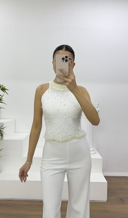 Kemik İnci Detaylı Halter Yaka Abiye Takım