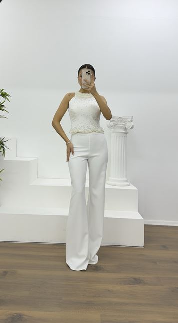 Kemik İnci Detaylı Halter Yaka Abiye Takım