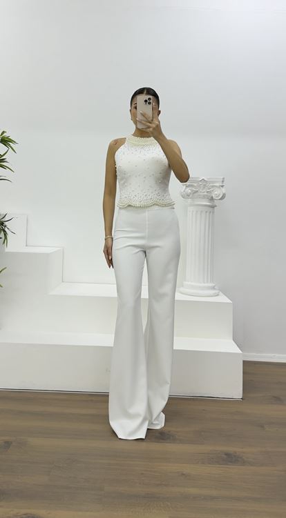 Kemik İnci Detaylı Halter Yaka Abiye Takım