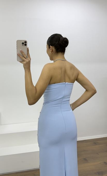 Bebe Mavi Drapeli Straplez Ve Taş İşlemeli Abiye Elbise