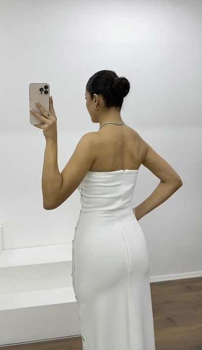 Pudra Drapeli Straplez Ve Taş İşlemeli Abiye Elbise