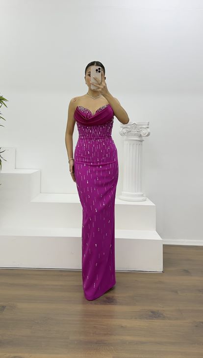 Fuşya Drapeli Straplez Ve Taş İşlemeli Abiye Elbise