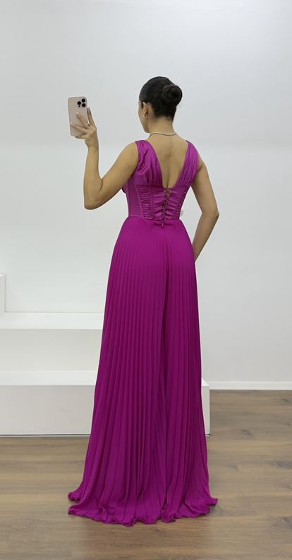 Fuşya Korse Detay Pliseli Abiye Tulum