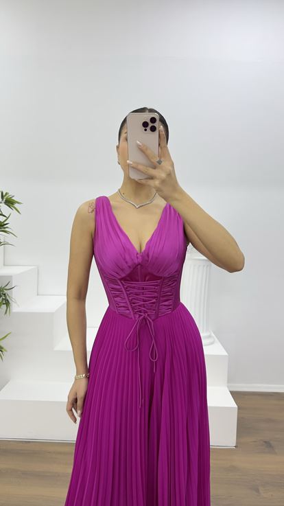 Fuşya Korse Detay Pliseli Abiye Tulum