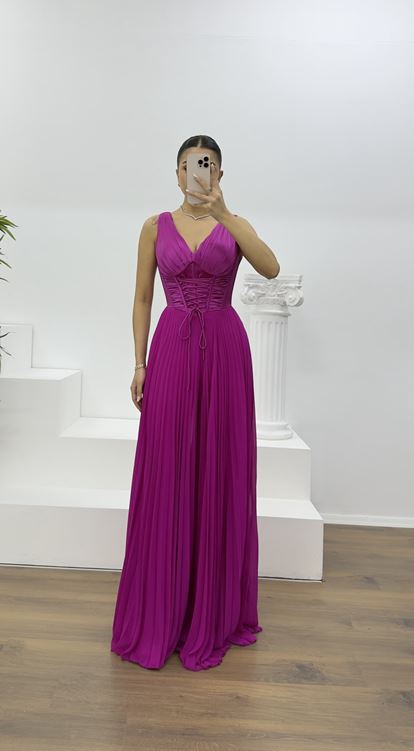 Fuşya Korse Detay Pliseli Abiye Tulum