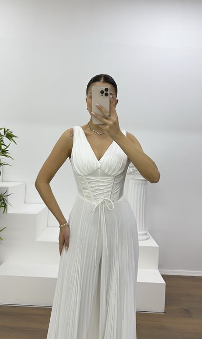 Kemik Korse Detay Pliseli Abiye Tulum