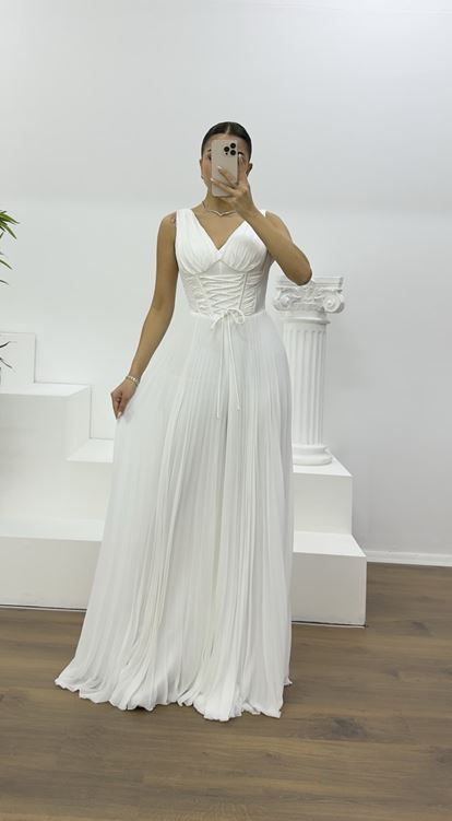 Kemik Korse Detay Pliseli Abiye Tulum