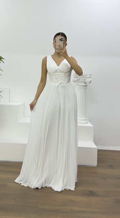 Kemik Korse Detay Pliseli Abiye Tulum