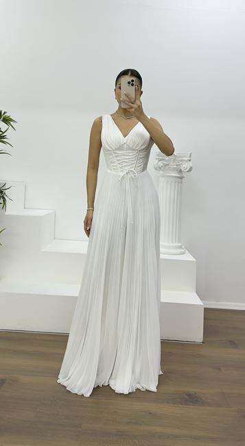 Kemik Korse Detay Pliseli Abiye Tulum