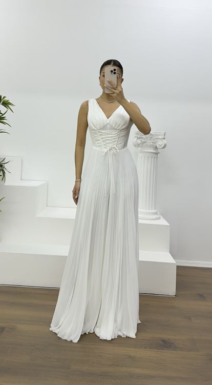 Kemik Korse Detay Pliseli Abiye Tulum