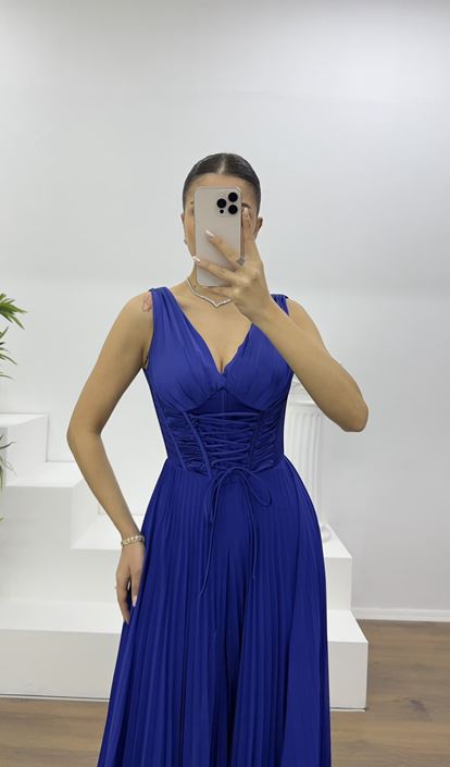 Saks Korse Detay Pliseli Abiye Tulum