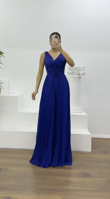 Saks Korse Detay Pliseli Abiye Tulum