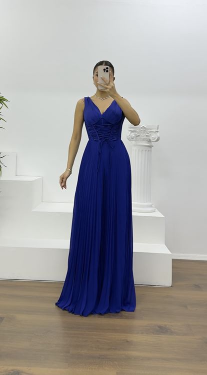 Saks Korse Detay Pliseli Abiye Tulum