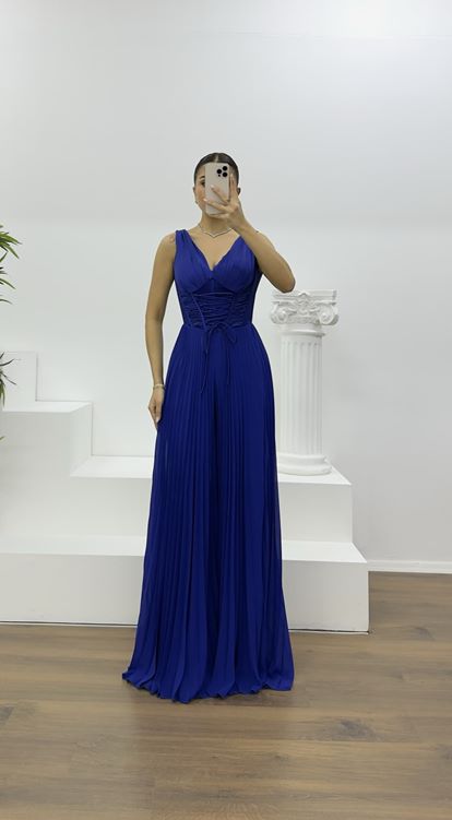 Saks Korse Detay Pliseli Abiye Tulum